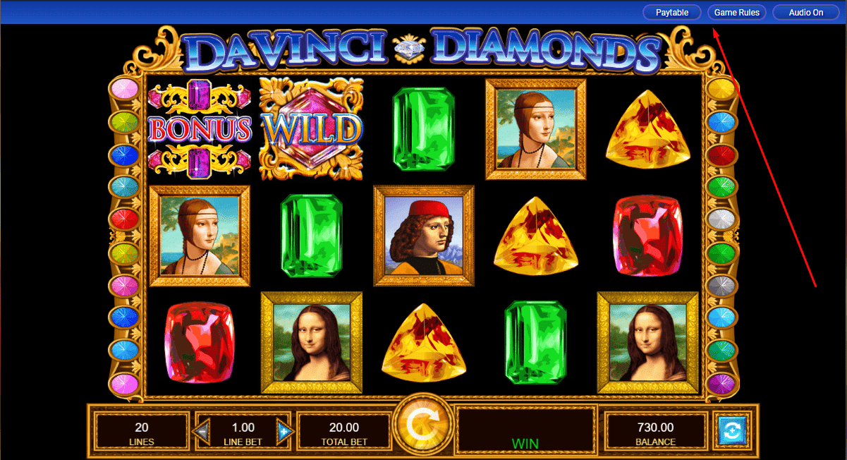 Da Vinci Diamonds Paytable